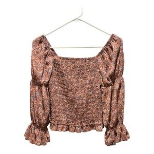 By and By Juniors Smocked Crop Top Floral Square Neck Puff Sleeve XS